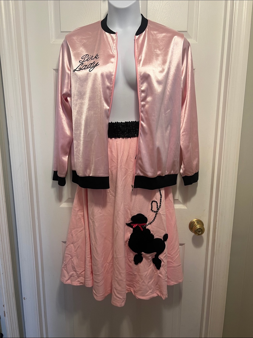 Source Unknown Pink Satin Jacket and Skirt Set with Black Poodle Appliqué